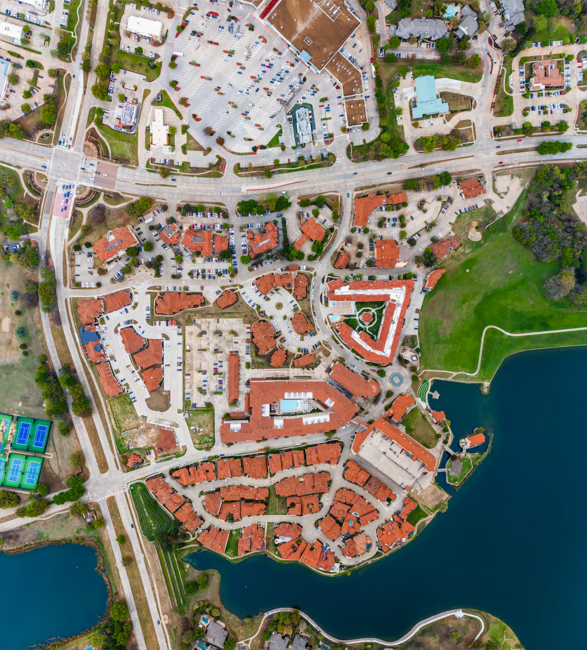 Aerial birds-eye panorama of Adriatica Village, McKinney, Texas